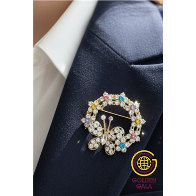 Брошь со стазами круглая с бабочкой  БР4/8