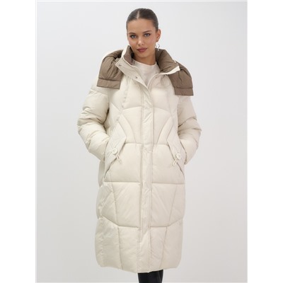 Пальто зимнее утепленное с капюшоном женское бежевого цвета 7709B
