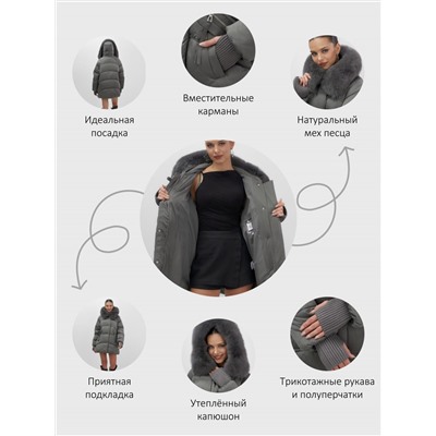 Куртка зимняя женская с мехом и капюшоном тренд темно-зеленого цвета 7737TZ