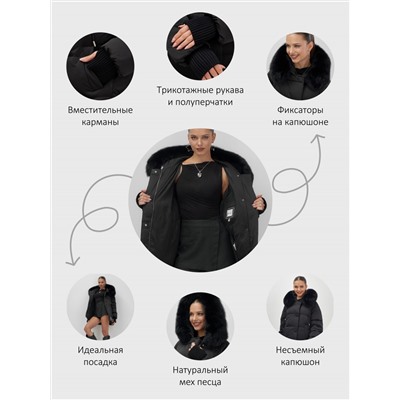 Куртка зимняя женская с мехом и капюшоном тренд черного цвета 7658Ch