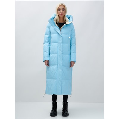 Пальто утепленное стеганное зимнее с капюшоном женское голубого цвета 9625Gl