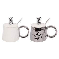 Кружка керамическая 380мл крышка, ложка Модный мишка ассорти 2 вида КОКОС 231646/Китай