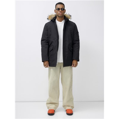 Парка мужская зимняя удлиненная с мехом черного цвета 602_1Ch