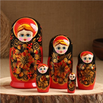 Матрёшка «Рябинка», чёрный платок, 5 кукольная, 18 см