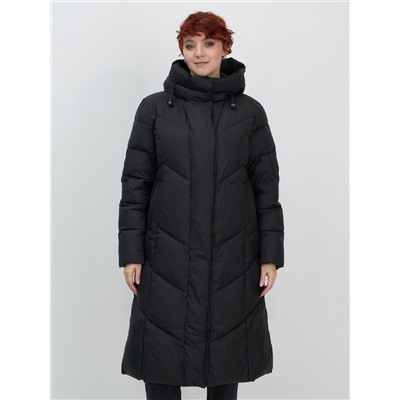 Пальто зимнее утепленное с капюшоном женское черного цвета 7628Ch