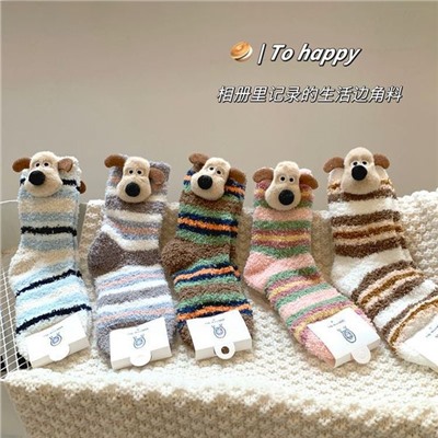 Cute coral demi-season keep warm velvet, three dimensional cartoon knee socks, increased thickness, mid-length