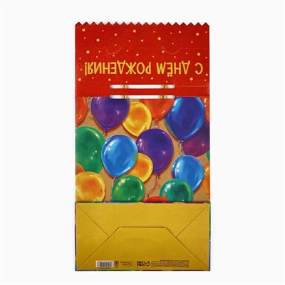 Пакет с клапаном «С Днём рождения», шары, крафт, глиттер, 19,5 × 10 × 25.2 см