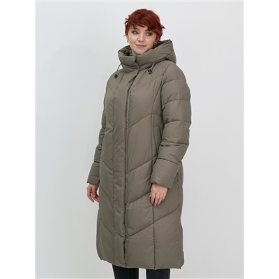 Пальто зимнее утепленное с капюшоном женское светло-коричневого цвета 7628SK