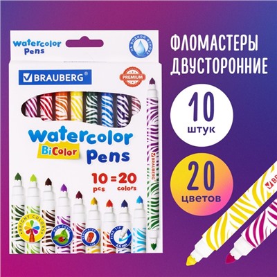Фломастеры двусторонние 20 цветов BRAUBERG PREMIUM BI-COLOR, 10 штук, утолщённые, вентилируемый колпачок
