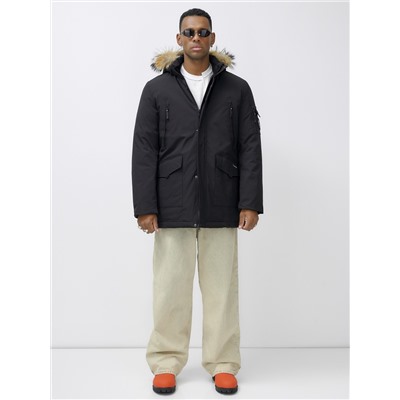 Парка мужская зимняя удлиненная с мехом черного цвета 602_1Ch