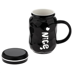 Кружка фарфоровая "Nice" 480мл, д8,5см h12,3см, глянцевая глазурь, деколь с серебром, цвет - черный, пластмассовая, винтовая крышка, герметичная, с силиконовым уплотнителем, д/горла 6,4см, д/основания 6см, в подарочной коробке (Китай)