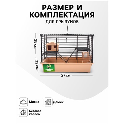 Клетка для грызунов "Пижон" складная, 38 х 27 х 27 (домик, миска, колесо) бежевая