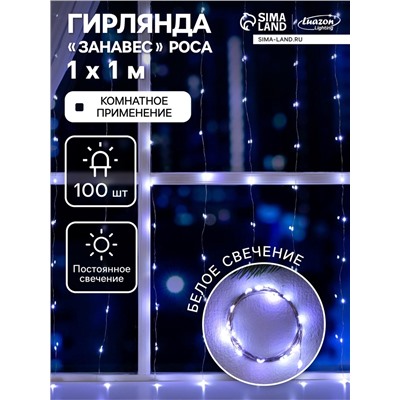 Гирлянда «Занавес» 1 × 1 м роса, IP20, серебристая нить, 100 LED, свечение белое, 12 В