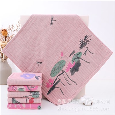 Zhiyang new red fruit peony flower five-layer yarn large square towel soft water absorption manufacturer wholesale Korean kitchen towel