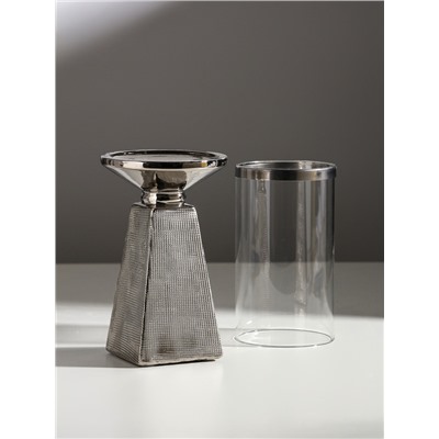 Подсвечник на 1 свечу «Буэно», керамика, стекло, d=7.5 см, серебро, 9.5×9.5×29.5 см