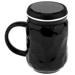 Кружка фарфоровая "Nice" 480мл, д8,5см h12,3см, глянцевая глазурь, деколь с серебром, цвет - черный, пластмассовая, винтовая крышка, герметичная, с силиконовым уплотнителем, д/горла 6,4см, д/основания 6см, в подарочной коробке (Китай)