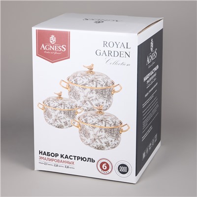 НАБОР КАСТРЮЛЬ AGNESS ЭМАЛИРОВАННЫХ СЕРИЯ "ЯБЛОНЕВЫЙ САД", 6ПР. 2,1Л, 2,8Л И 3,8Л