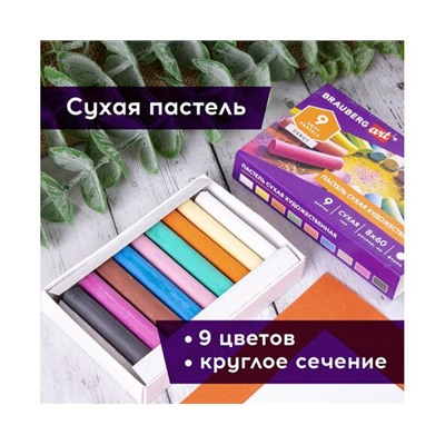 Пастель сухая художественная BRAUBERG ART DEBUT, 9 цветов, круглое сечение, 181459