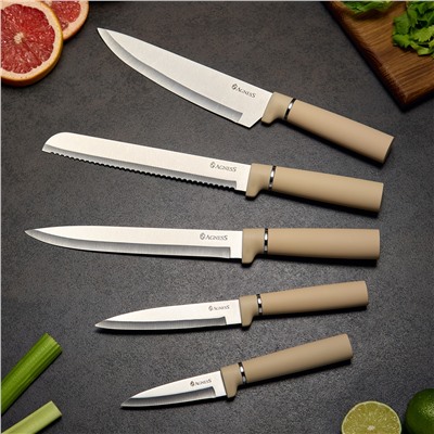 НАБОР AGNESS ИЗ 10ПР: 5 НОЖЕЙ, 4 ДОСКИ И ПОДСТАВКА, ЦВЕТ: БЕЖЕВЫЙ