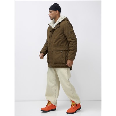 Парка мужская зимняя удлиненная с мехом темно-коричневого цвета 2608TK