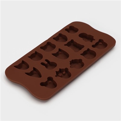 Форма для конфет и шоколада Доляна «Мордашки», силикон, 21×10.5 см, 15 ячеек (2.5×2.3 см), коричневая