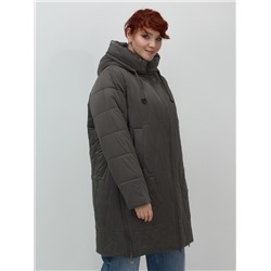 Пальто зимнее утепленное женское большого размера темно-серого цвета 7699TC