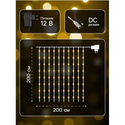 Гирлянда «Занавес» 2 × 2 м роса, IP20, серебристая нить, 300 LED, свечение тёплое белое, 12 В