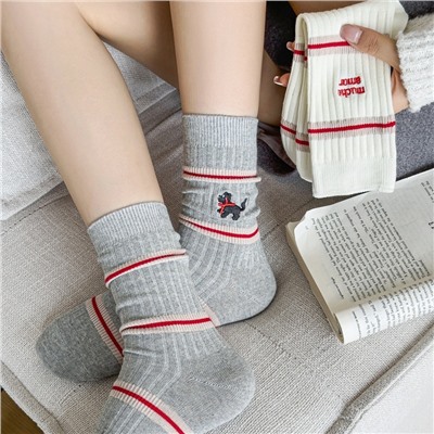 Cotton knee socks, Korean style, with embroidery, mid-length, western style