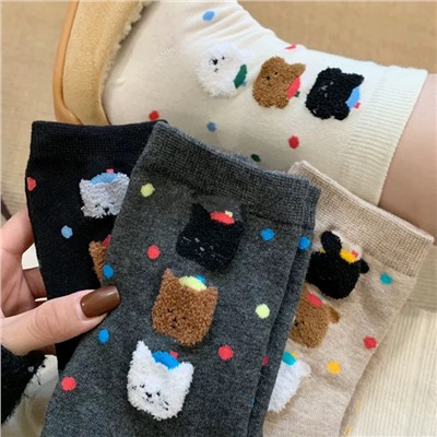 South Korean velvet goods, Japanese cotton knee socks, with little bears, mid-length
