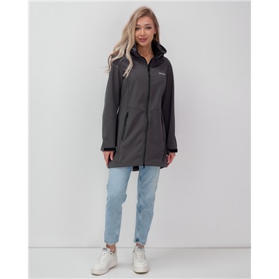 Парка спортивная женская с капюшоном softshell темно-серого цвета 9568TC