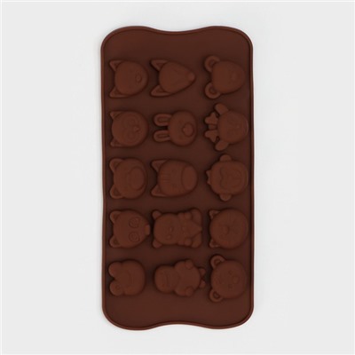 Форма для конфет и шоколада Доляна «Мордашки», силикон, 21×10.5 см, 15 ячеек (2.5×2.3 см), коричневая