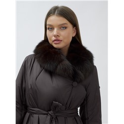 Пальто зимнее женское с мехом песец люкс класса темно-коричневого цвета 5071TK