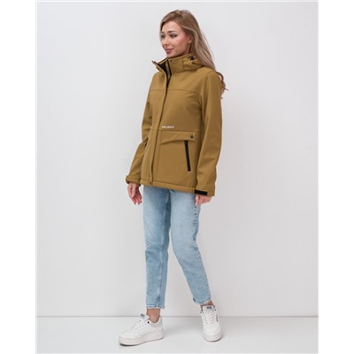 Ветровка спортивная женская с капюшоном softshell горчичного цвета 9566G