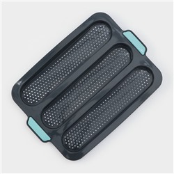 Форма для выпечки «Багет», силикон, 34.5×24×2.2 см, 3 ячейки (28×6×2 см), перфорированная, тёмно-серая