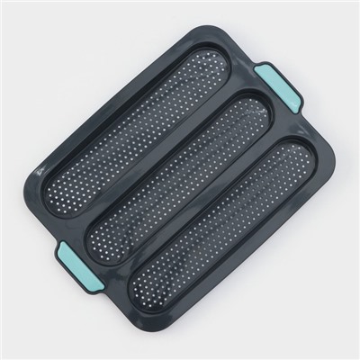 Форма для выпечки «Багет», силикон, 34.5×24×2.2 см, 3 ячейки (28×6×2 см), перфорированная, тёмно-серая