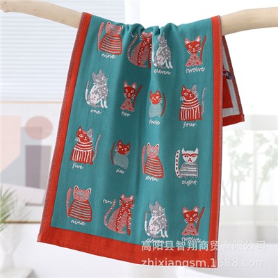 Zhiyang towel four layers of jets, digital cat gauze cotton cotton face towel soft water absorption, face towel factory price wholesale
