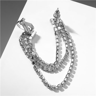 Серьга кафф «Подвески», со стразами, цвет белый в серебре