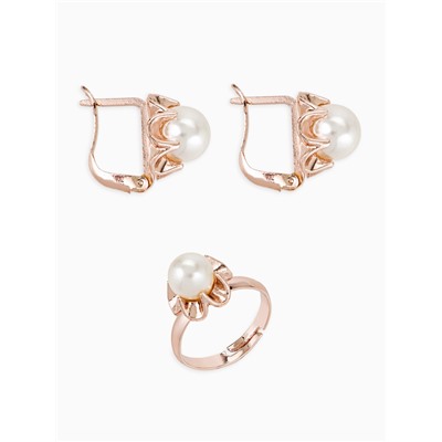 Гарнитур 3 предмета: серьги, кулон, кольцо безразмерное «Эдель», с жемчугом цветок, белые в золоте, 45 см