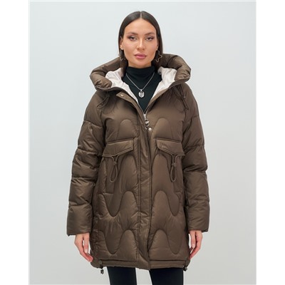 Куртка зимняя женская с капюшоном модная темно-коричневого цвета 7653TK
