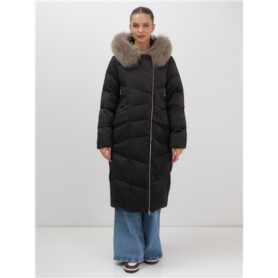 Двубортное пальто зимнее утепленное с мехом и капюшоном черного цвета 7626Ch