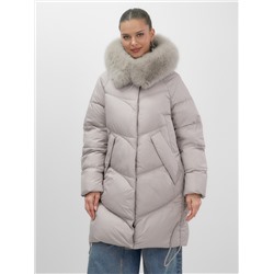 Пальто зимнее утепленное с мехом и капюшоном тренд светло-коричневого цвета 7745SK