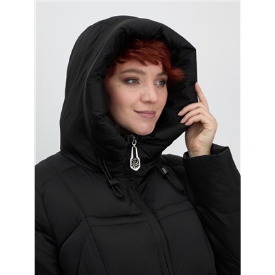 Пальто зимнее утепленное с капюшоном женское черного цвета 7702Ch