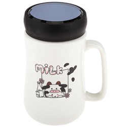Кружка фарфоровая "Молоко" 480мл, д7,9см h13,5см, глянцевая глазурь, с деколью - микс, цвет - белый, пластмассовая, винтовая крышка, герметичная, с силиконовым уплотнителем, д/горла 6,3см, д/основания 6см, в подарочной коробке (Китай)