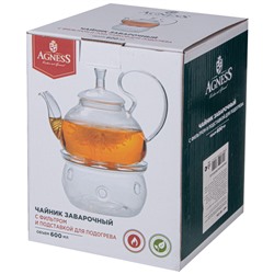 ЧАЙНИК ЗАВАРОЧНЫЙ AGNESS С ФИЛЬТРОМ ИЗ НЖС И СТЕКЛ. ПОДСТАВКОЙ ДЛЯ ПОДОГРЕВА 600 МЛ (КОР=18 НАБОР.)