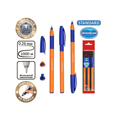Набор ручек шариковых 3 штуки, ErichKrause U-109 Orange Stick&Grip, игольчатый узел 1.0 мм, чернила синие, супермягкое письмо, резиновый держатель, корпус оранжевый