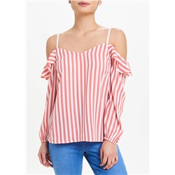 Papaya Petite Stripe Ruffle Cold Shoulder Blouse