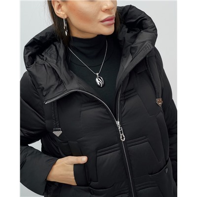 Пальто зимнее утепленное с капюшоном женское черного цвета 7638Ch