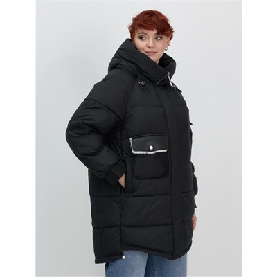 Куртка зимняя женская с капюшоном модная черного цвета 7341Ch