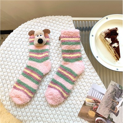 Cute coral demi-season keep warm velvet, three dimensional cartoon knee socks, increased thickness, mid-length