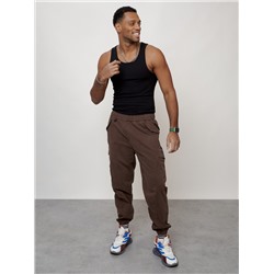 Джинсы карго мужские с накладными карманами коричневого цвета 2420K